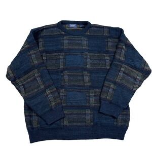 Vintage Grandpa Sweater Men Large Blue Geometric Crewneck Acrylic Retro Y2K Golf